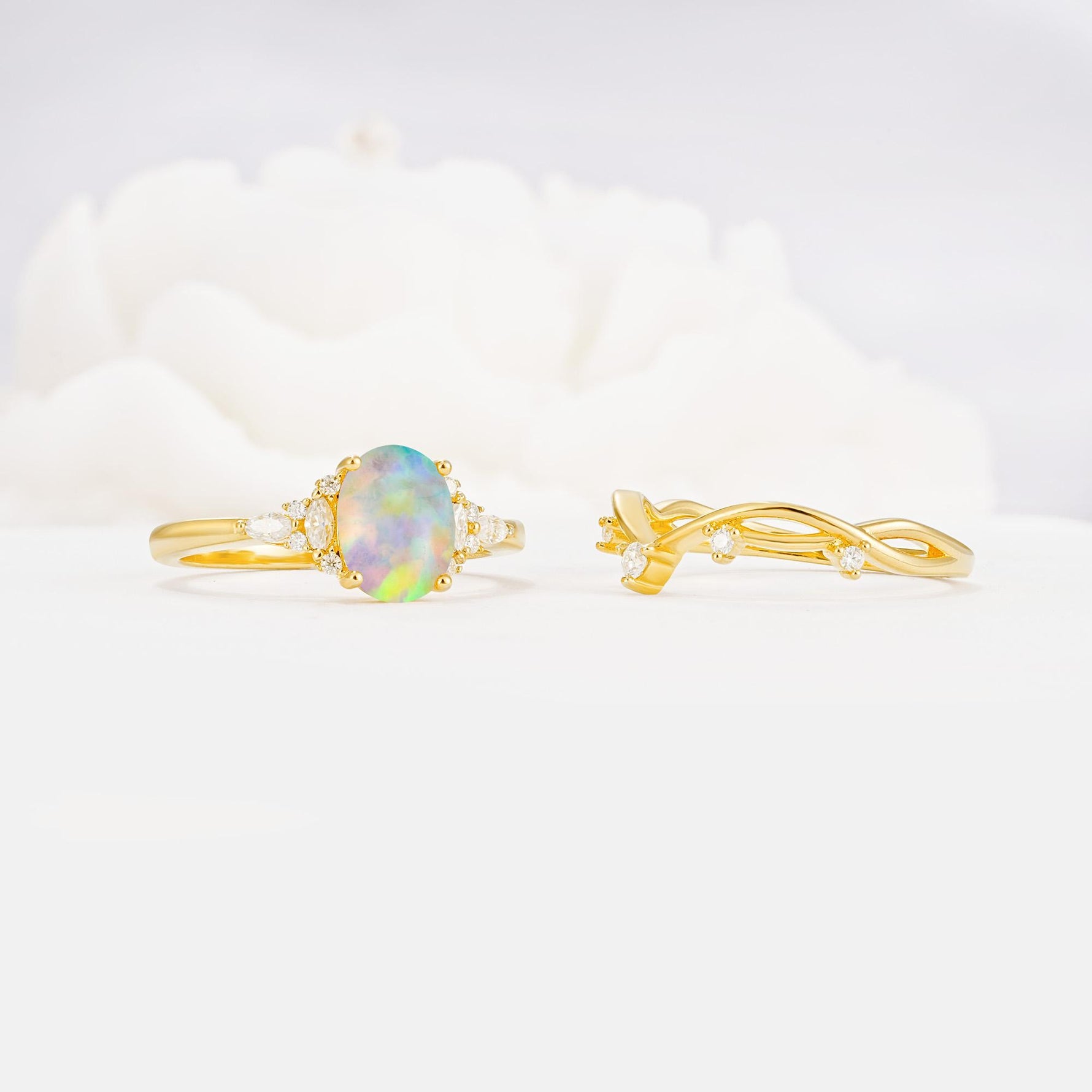 Nature-Inspired Oval Cut Fire Opal Bridal Ring Set - Additional view