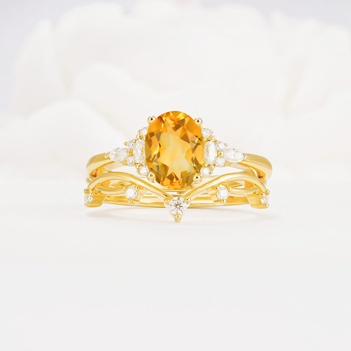 Oval Cut Citrine Marquise Leaf Vine Bridal Ring Set - Yellow-Gold