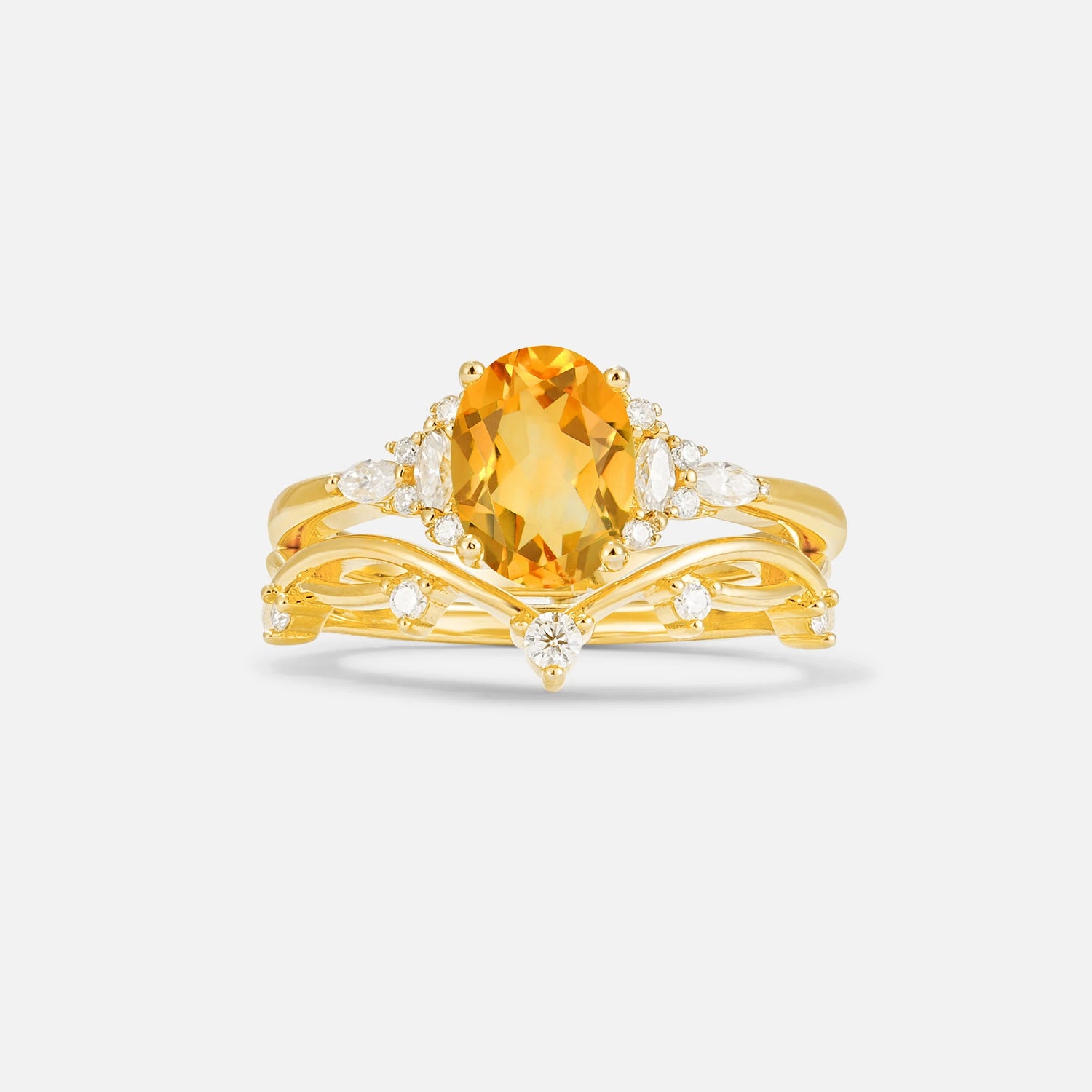 Oval Cut Citrine Marquise Leaf Vine Bridal Ring Set - Yellow-Gold
