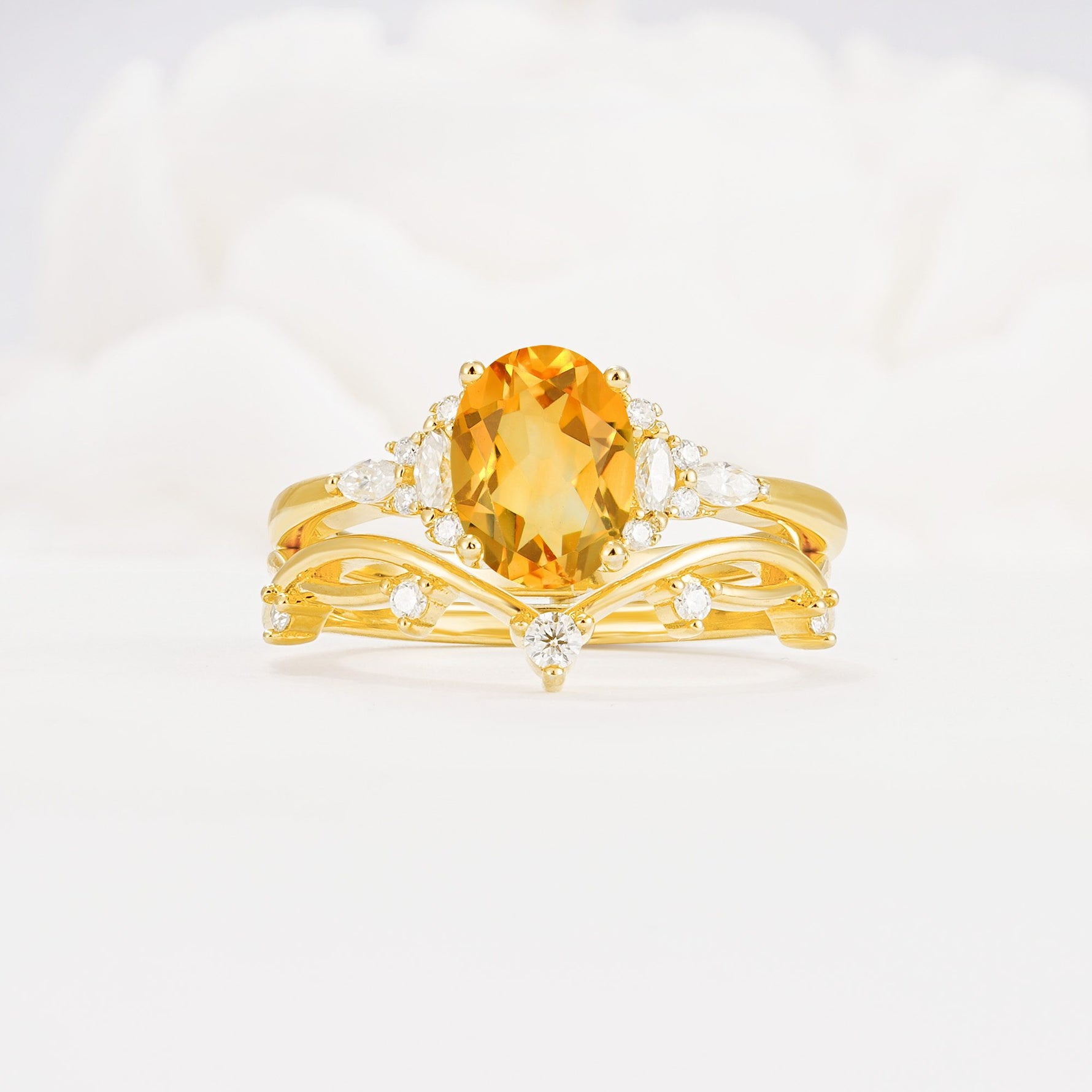 Oval Cut Citrine Marquise Leaf Vine Bridal Ring Set - Yellow-Gold