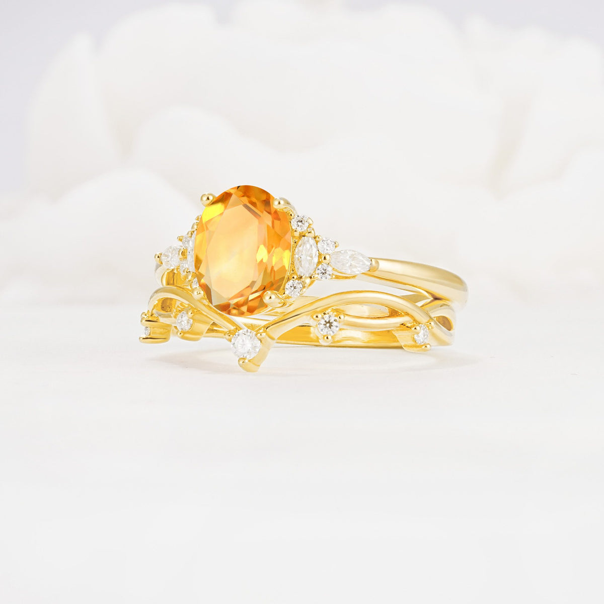 Oval Cut Citrine Marquise Leaf Vine Bridal Ring Set - Rose-Gold
