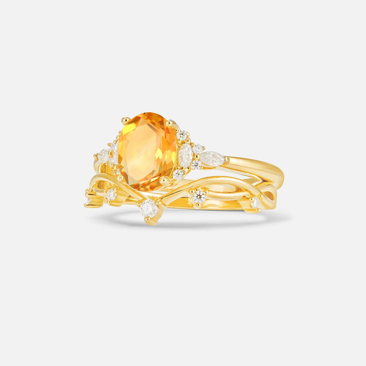 Oval Cut Citrine Marquise Leaf Vine Bridal Ring Set - Rose-Gold