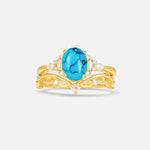 Oval Cut Turquoise Marquise Leaf Vine Bridal Ring Set - Yellow-Gold