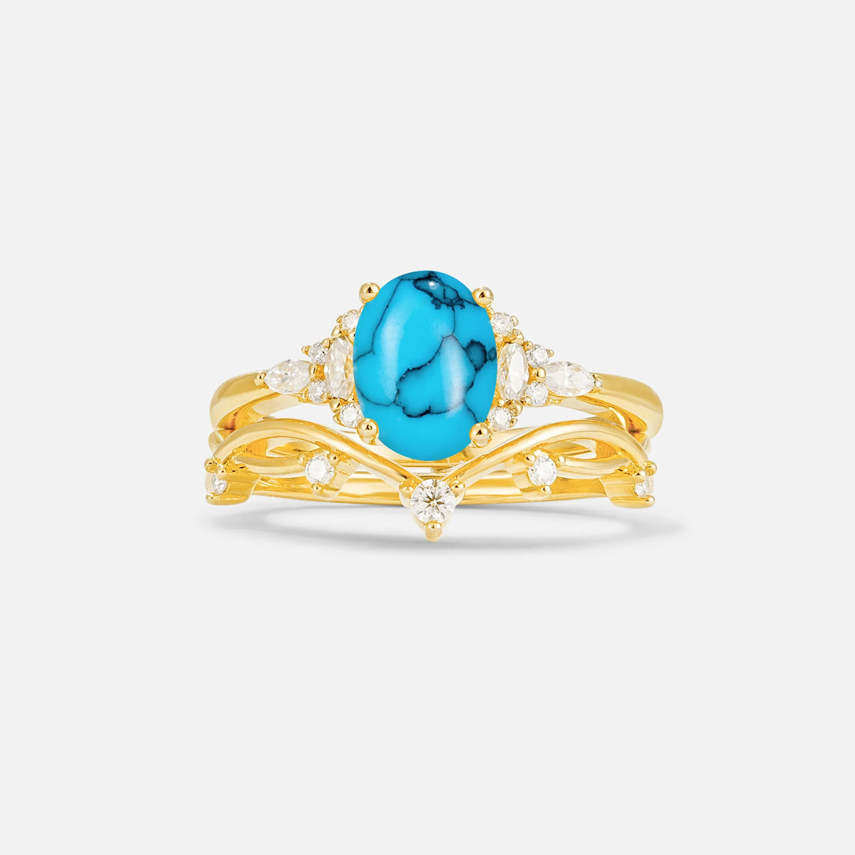 Oval Cut Turquoise Marquise Leaf Vine Bridal Ring Set - Yellow-Gold