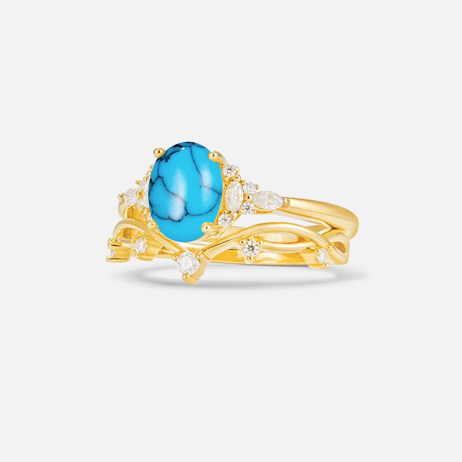 Oval Cut Turquoise Marquise Leaf Vine Bridal Ring Set - Rose-Gold