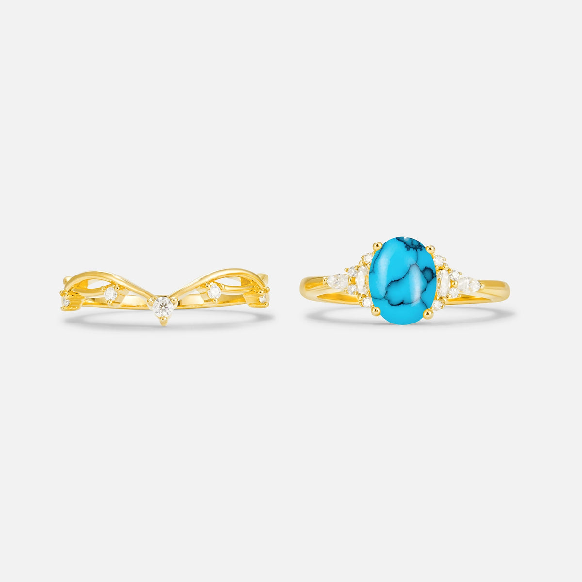Oval Cut Turquoise Marquise Leaf Vine Bridal Ring Set - White-Gold