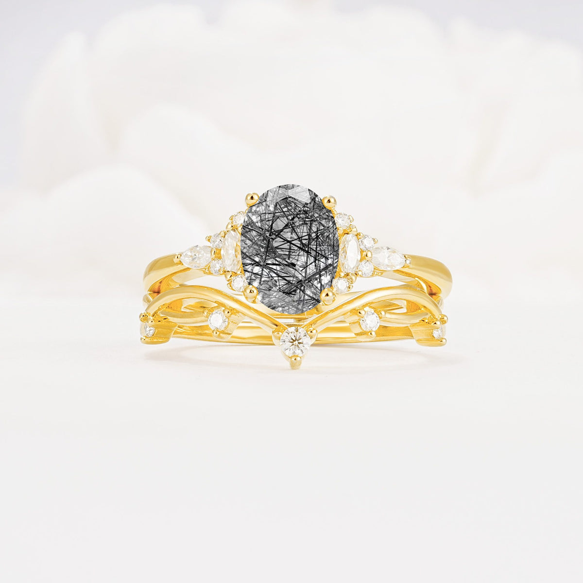 Oval Cut Black Rutilated Quartz Marquise Leaf Vine Bridal Ring Set - Yellow-Gold