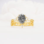 Oval Cut Black Rutilated Quartz Marquise Leaf Vine Bridal Ring Set - Yellow-Gold
