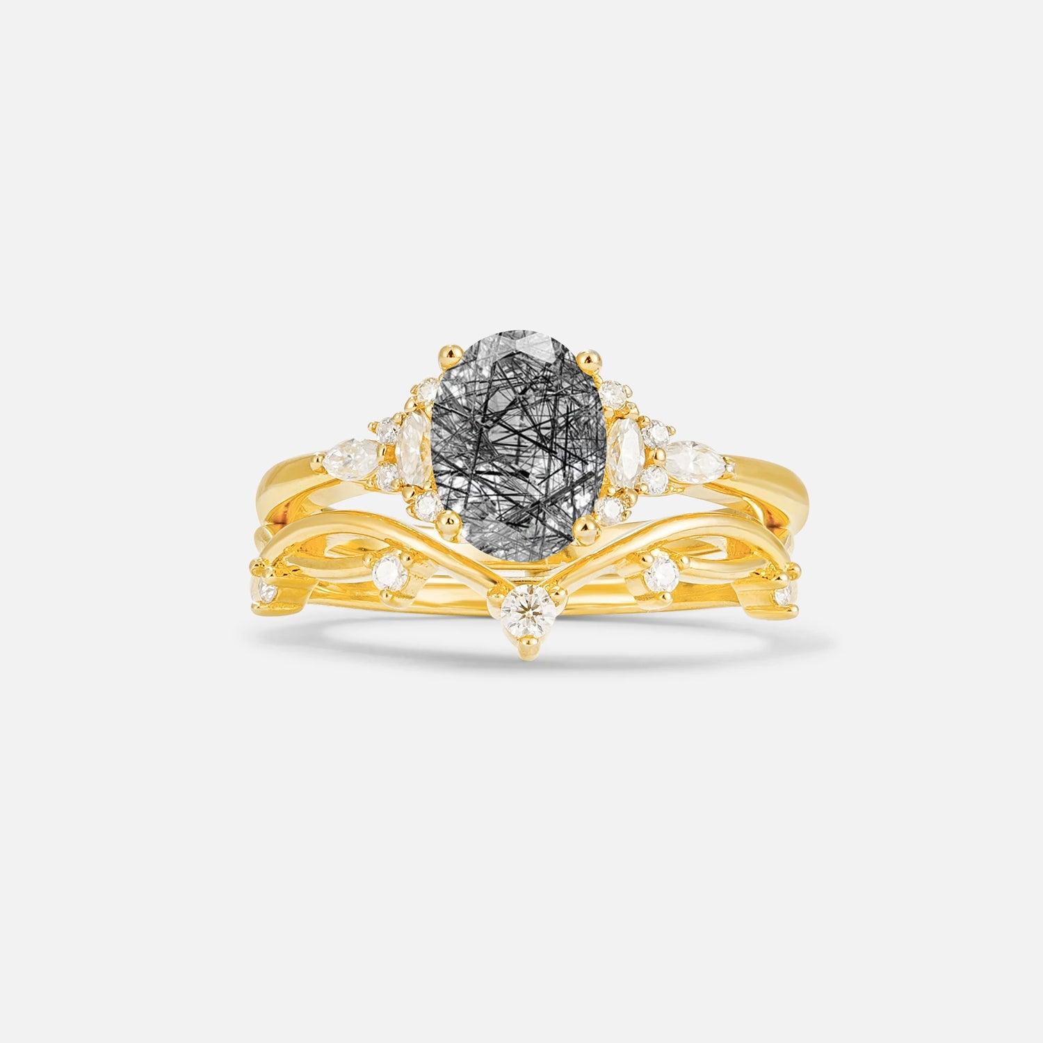 Oval Cut Black Rutilated Quartz Marquise Leaf Vine Bridal Ring Set - Yellow-Gold