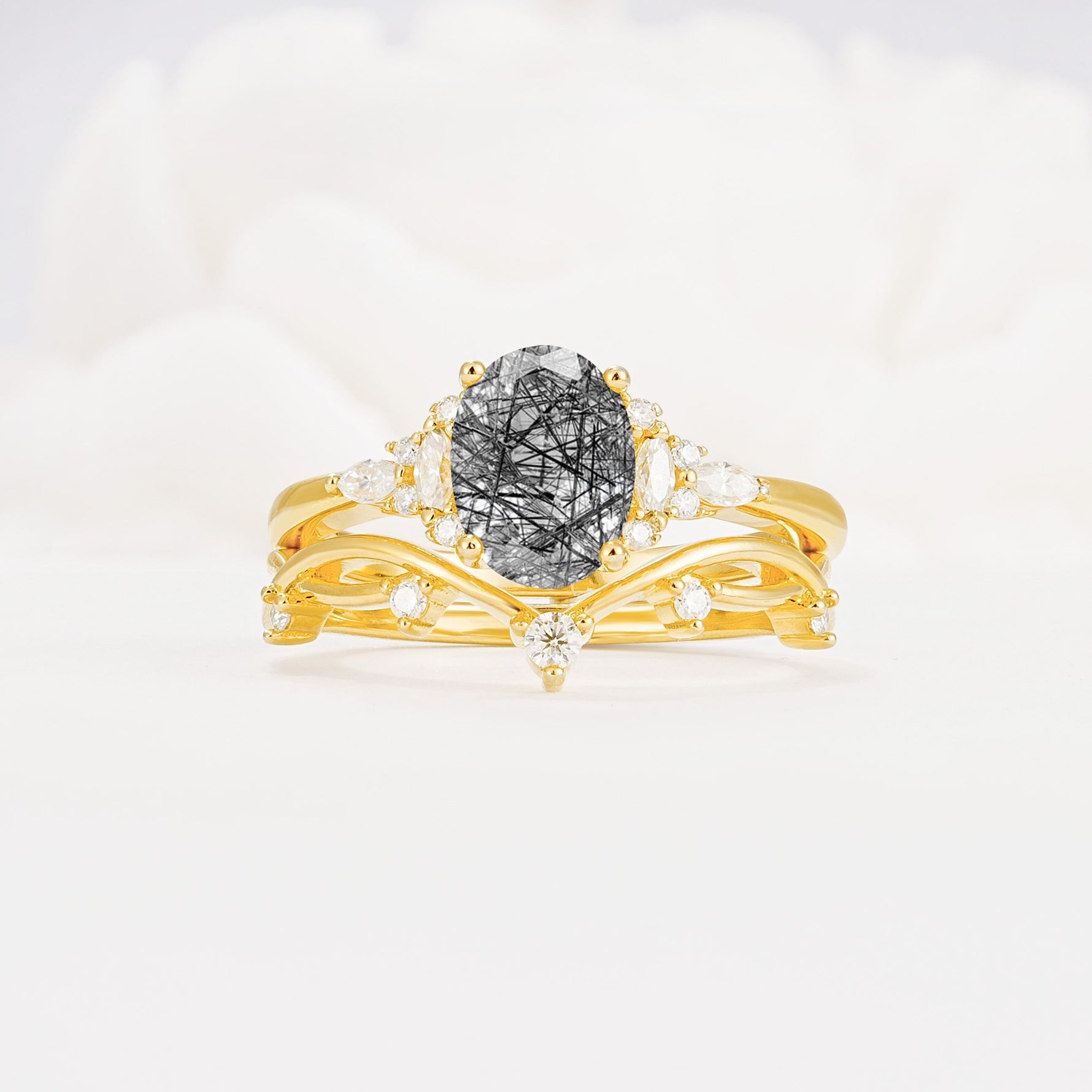 Oval Cut Black Rutilated Quartz Marquise Leaf Vine Bridal Ring Set - Yellow-Gold