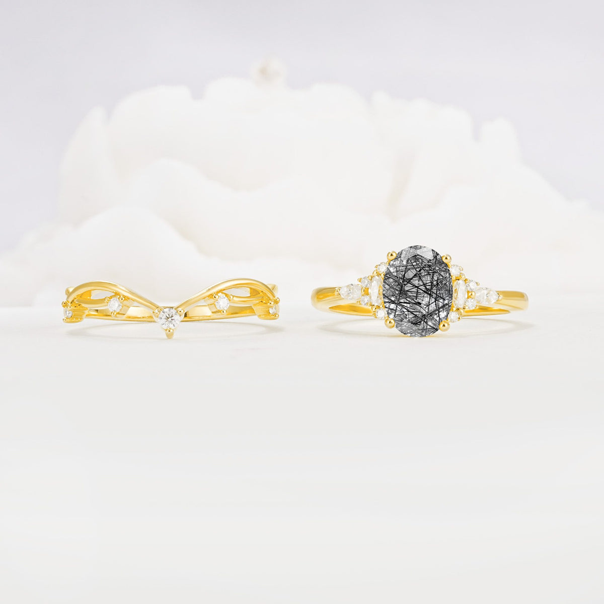 Oval Cut Black Rutilated Quartz Marquise Leaf Vine Bridal Ring Set - White-Gold