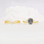 Oval Cut Black Rutilated Quartz Marquise Leaf Vine Bridal Ring Set - White-Gold