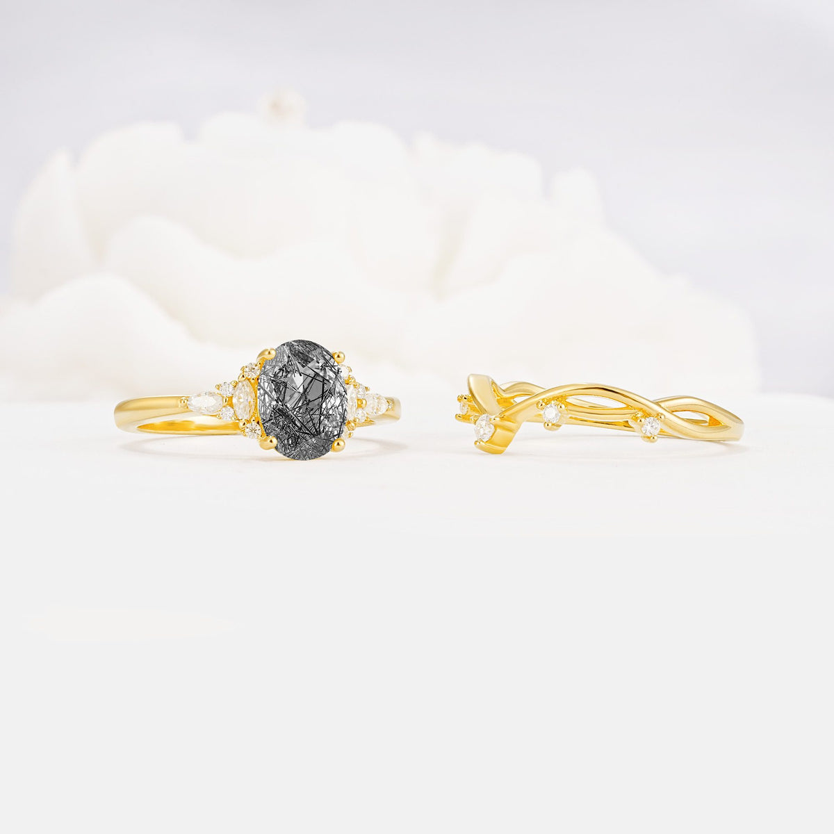 Oval Cut Black Rutilated Quartz Marquise Leaf Vine Bridal Ring Set - Additional view