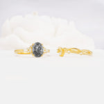 Oval Cut Black Rutilated Quartz Marquise Leaf Vine Bridal Ring Set - Additional view