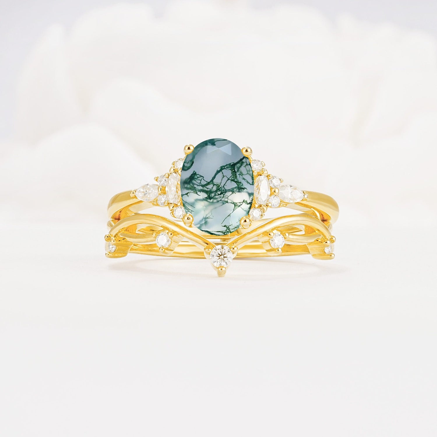 Oval Cut Moss Agate Marquise Leaf Vine Bridal Ring Set - Yellow-Gold