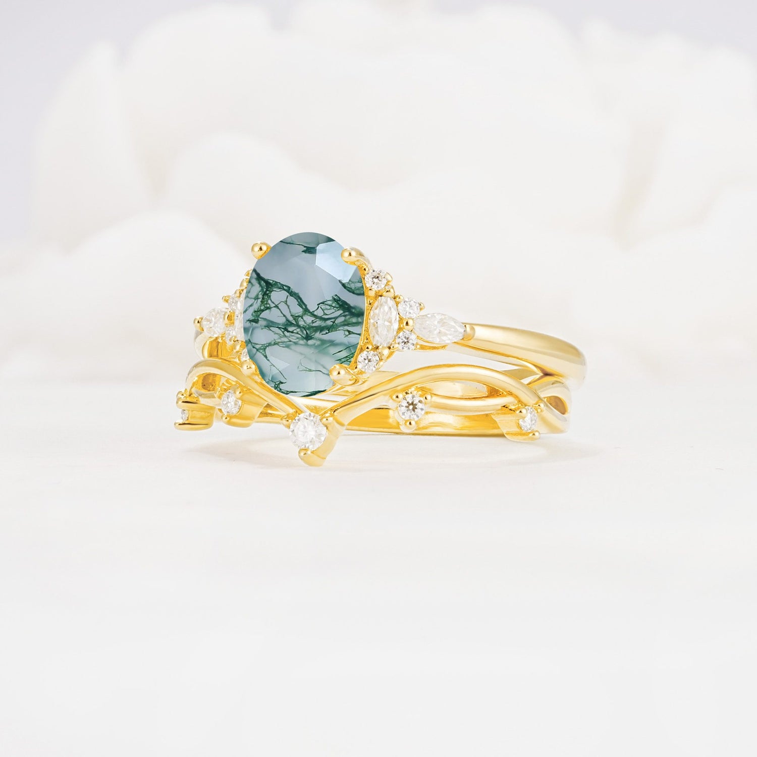 Oval Cut Moss Agate Marquise Leaf Vine Bridal Ring Set - Rose-Gold