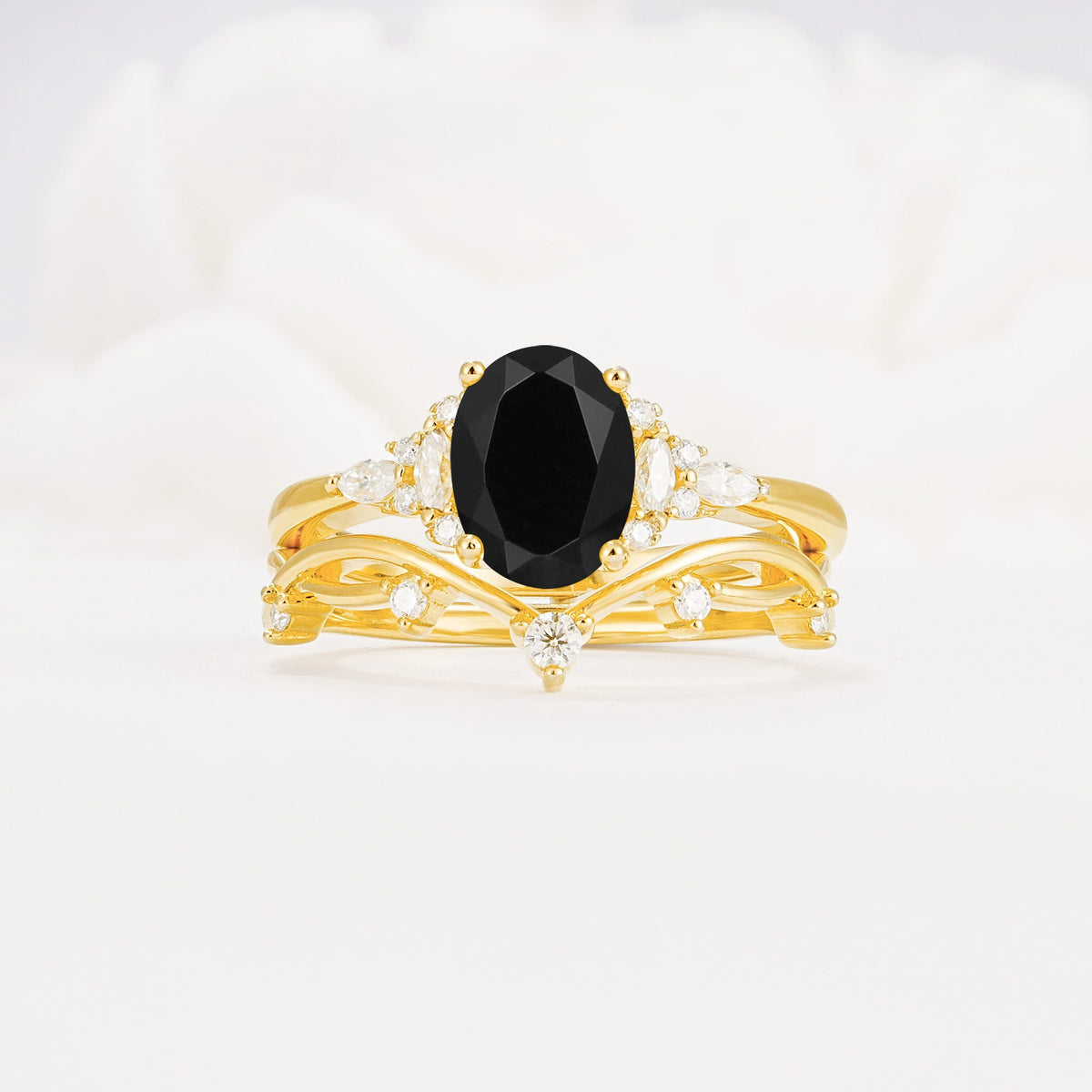 Oval Cut Black Onyx Marquise Leaf Vine Bridal Ring Set - Yellow-Gold