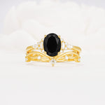 Oval Cut Black Onyx Marquise Leaf Vine Bridal Ring Set - Yellow-Gold
