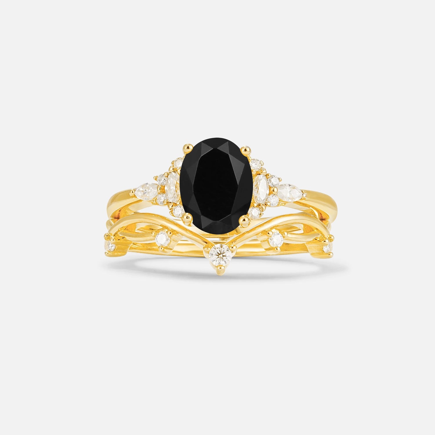 Oval Cut Black Onyx Marquise Leaf Vine Bridal Ring Set - Yellow-Gold