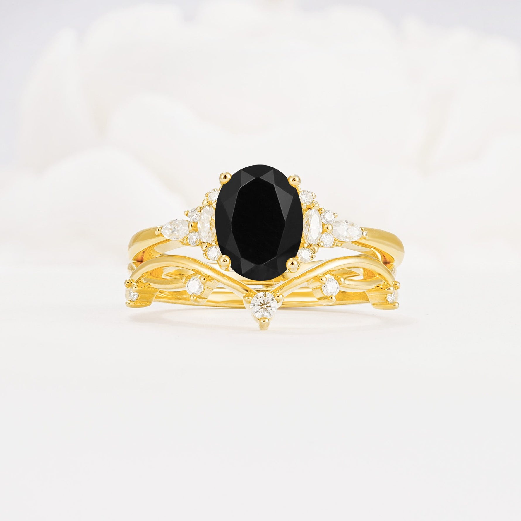 Oval Cut Black Onyx Marquise Leaf Vine Bridal Ring Set - Yellow-Gold