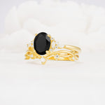 Oval Cut Black Onyx Marquise Leaf Vine Bridal Ring Set - Rose-Gold
