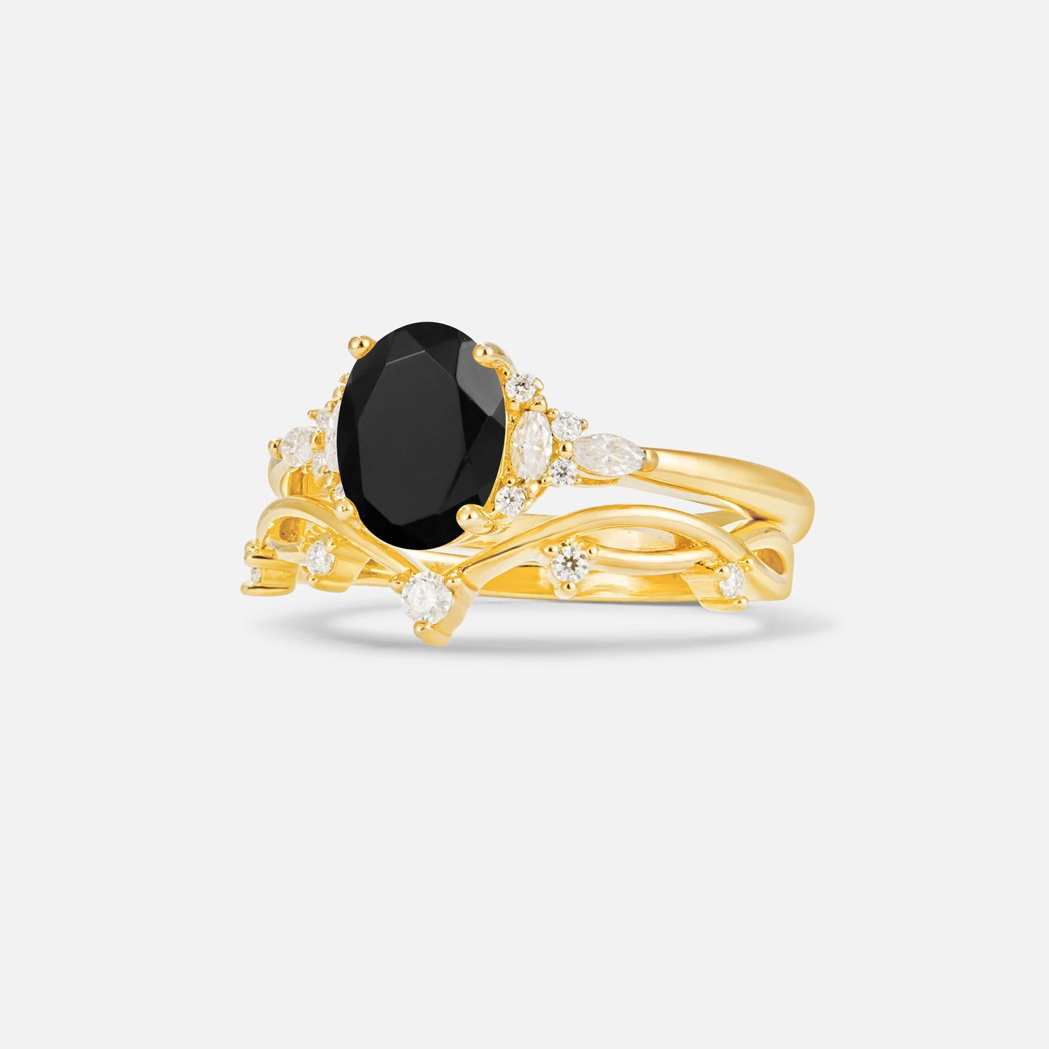 Oval Cut Black Onyx Marquise Leaf Vine Bridal Ring Set - Rose-Gold