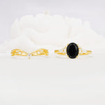 Oval Cut Black Onyx Marquise Leaf Vine Bridal Ring Set - White-Gold
