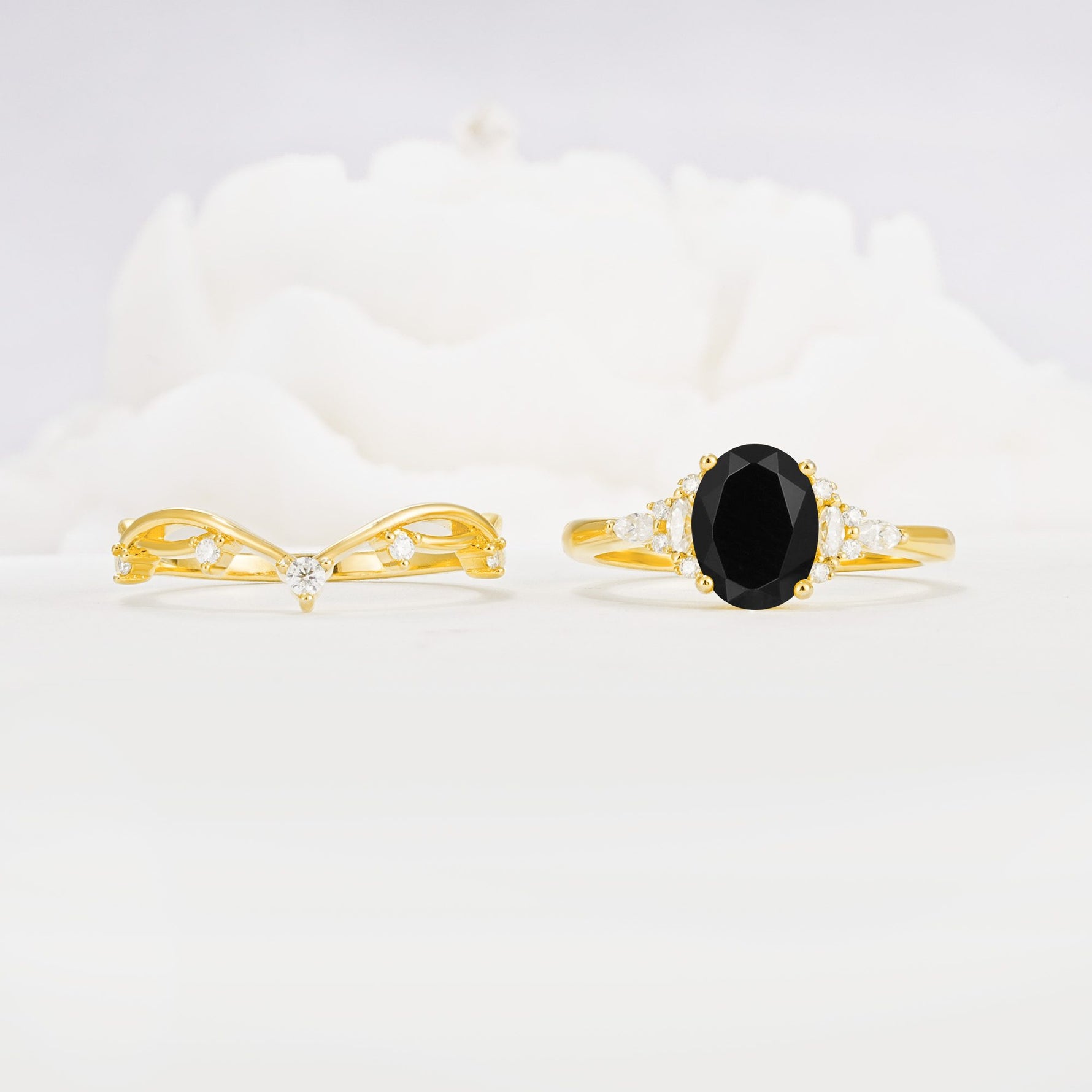 Oval Cut Black Onyx Marquise Leaf Vine Bridal Ring Set - White-Gold