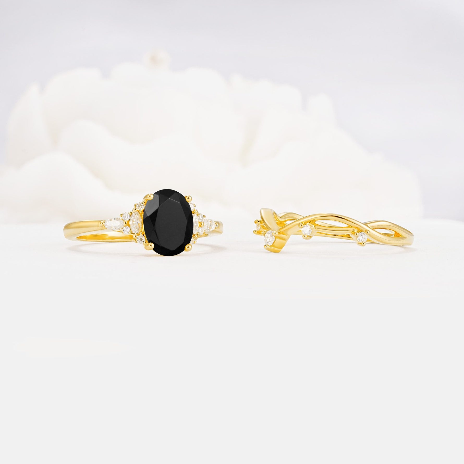 Oval Cut Black Onyx Marquise Leaf Vine Bridal Ring Set - Additional view