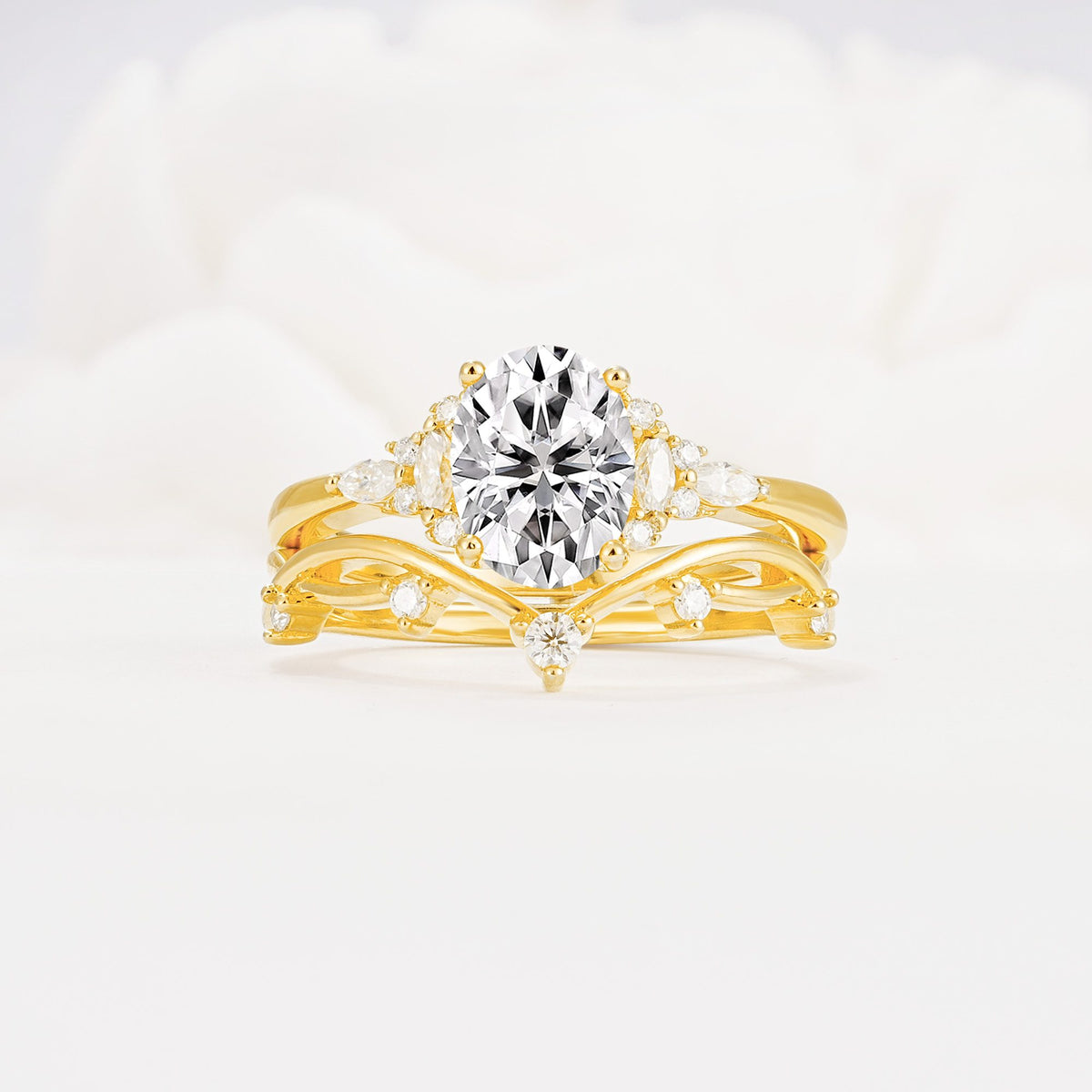 Oval Cut Lab Diamond Marquise Leaf Vine Bridal Ring Set - Yellow-Gold