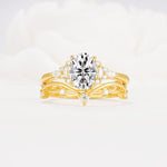 Oval Cut Lab Diamond Marquise Leaf Vine Bridal Ring Set - Yellow-Gold