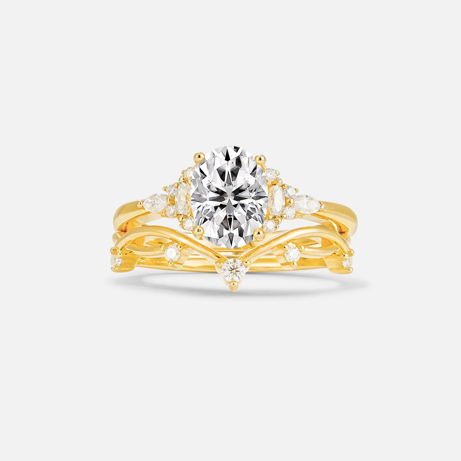 Oval Cut Lab Diamond Marquise Leaf Vine Bridal Ring Set - Yellow-Gold