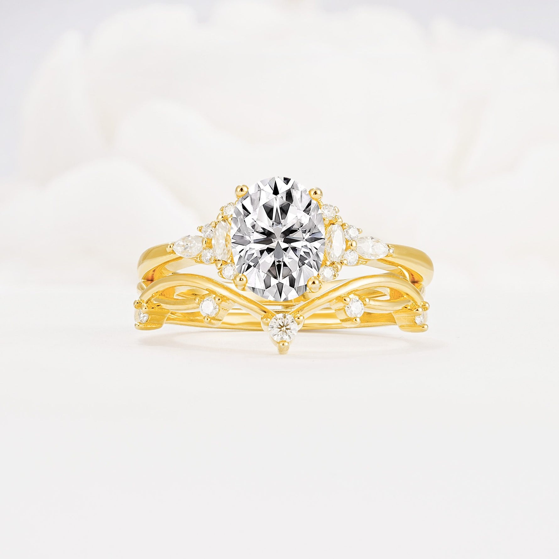 Oval Cut Lab Diamond Marquise Leaf Vine Bridal Ring Set - Yellow-Gold