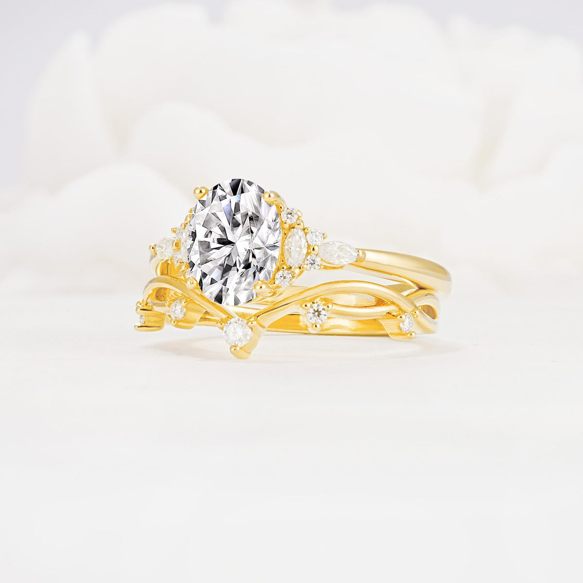 Oval Cut Lab Diamond Marquise Leaf Vine Bridal Ring Set - Rose-Gold