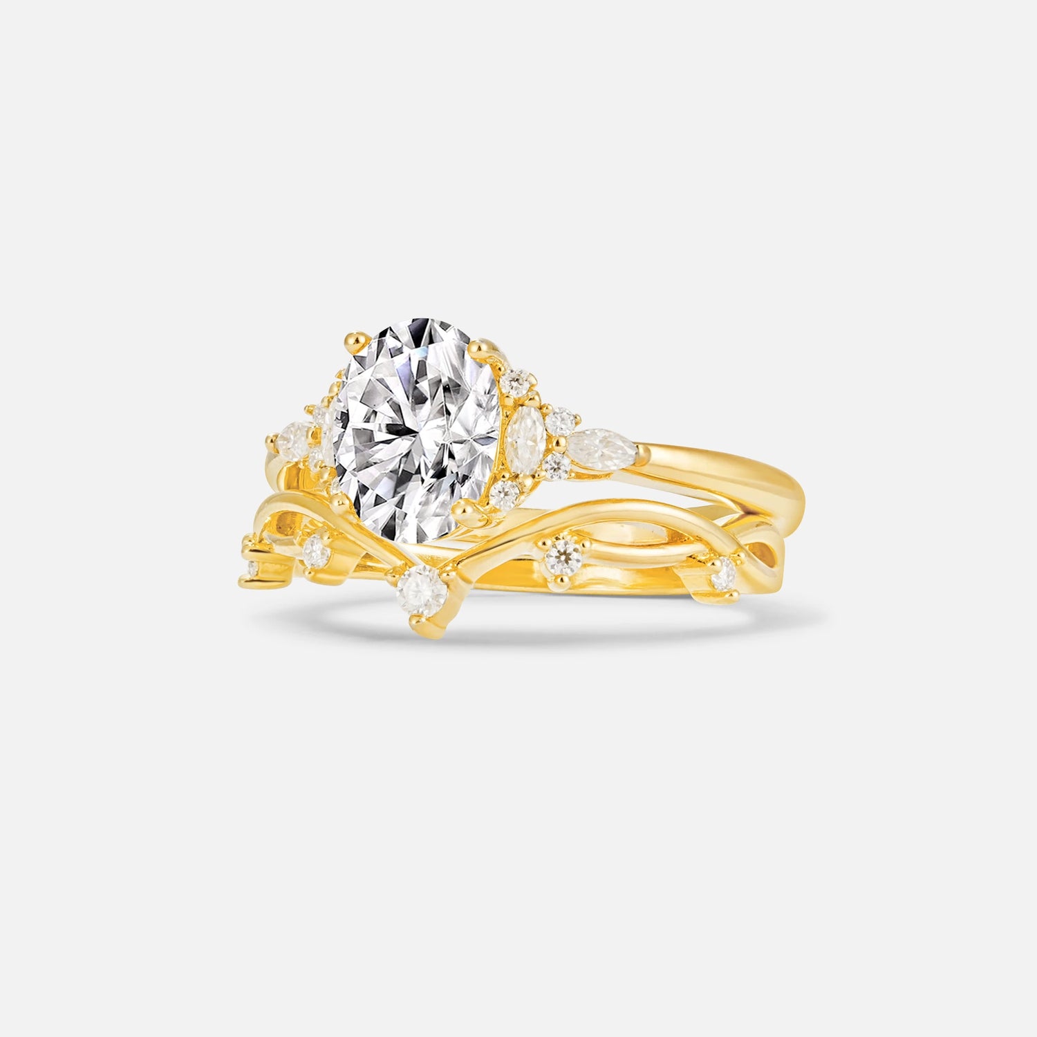 Oval Cut Lab Diamond Marquise Leaf Vine Bridal Ring Set - Rose-Gold