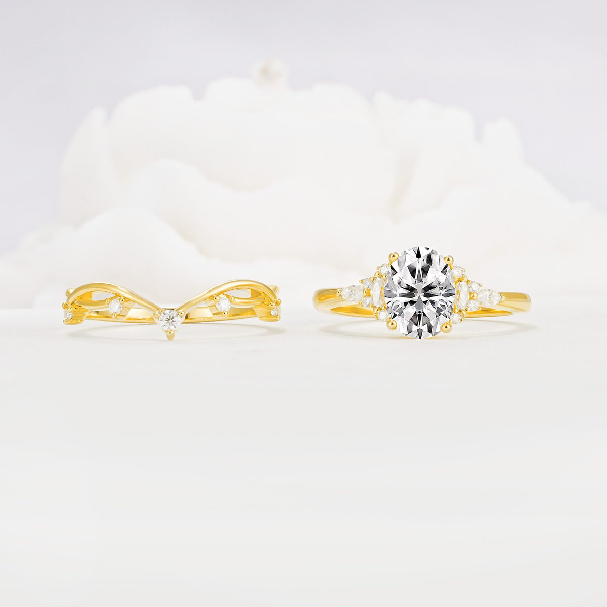 Oval Cut Lab Diamond Marquise Leaf Vine Bridal Ring Set - White-Gold