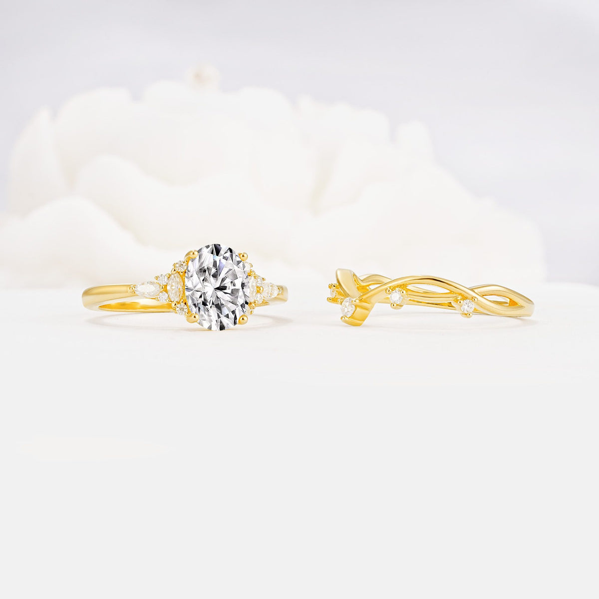 Oval Cut Lab Diamond Marquise Leaf Vine Bridal Ring Set - Additional view