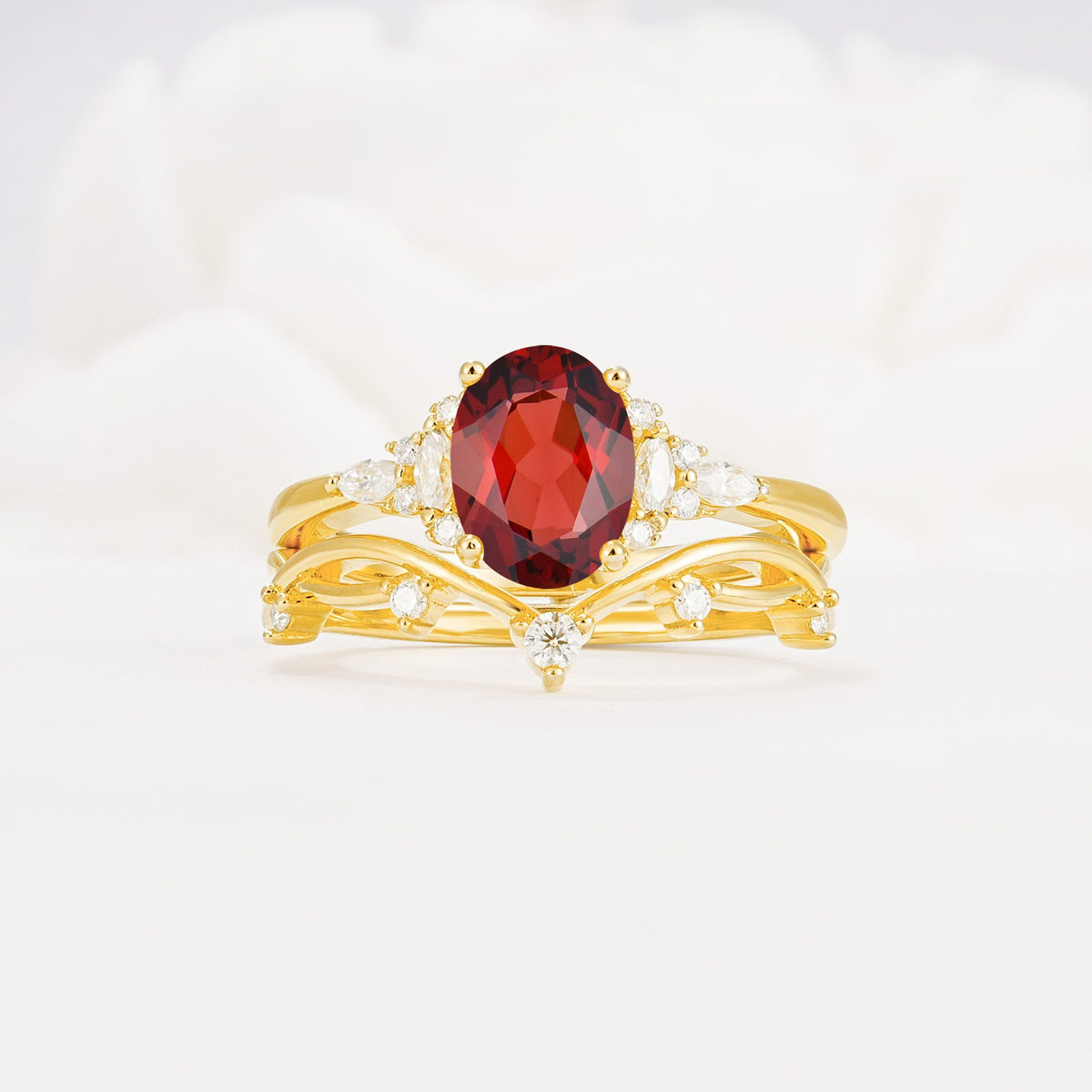 Oval Cut Garnet Marquise Leaf Vine Bridal Ring Set - Yellow-Gold