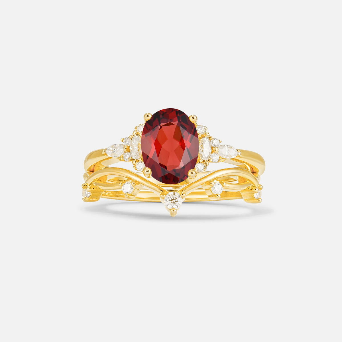 Oval Cut Garnet Marquise Leaf Vine Bridal Ring Set - Yellow-Gold