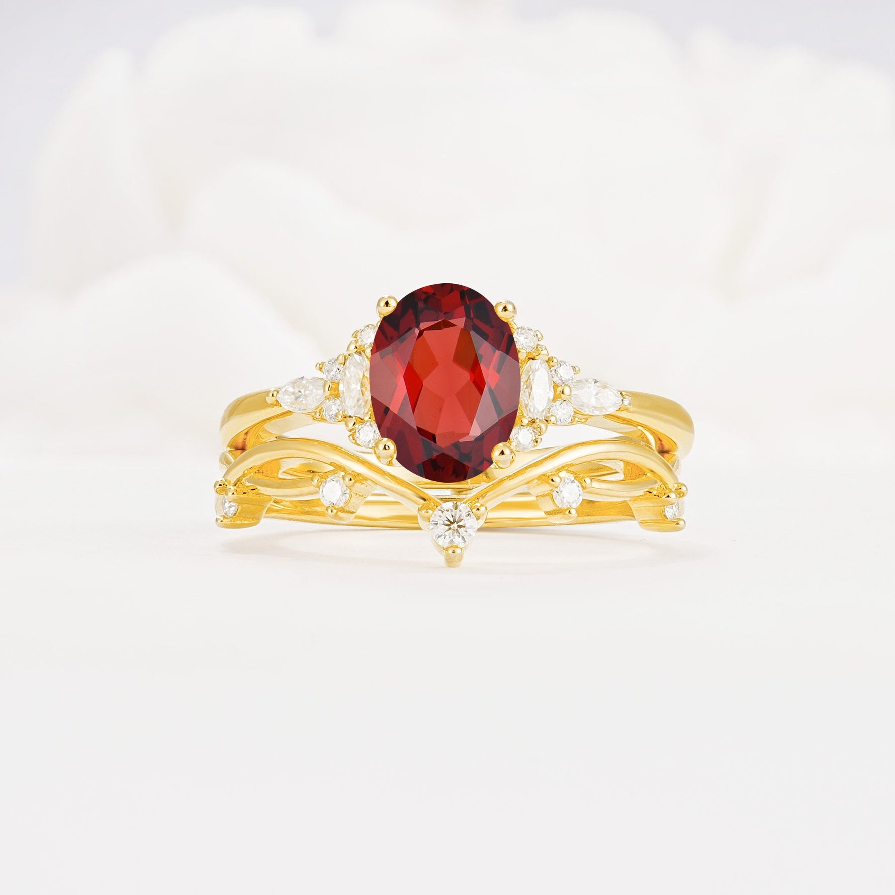 Oval Cut Garnet Marquise Leaf Vine Bridal Ring Set - Yellow-Gold