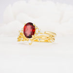 Oval Cut Garnet Marquise Leaf Vine Bridal Ring Set - Rose-Gold