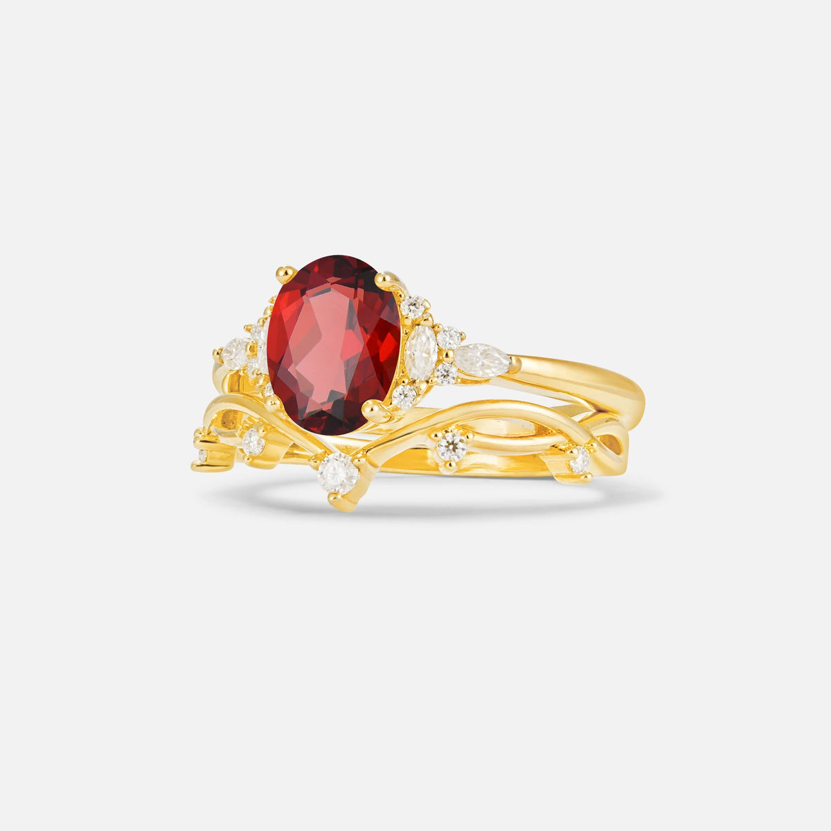 Oval Cut Garnet Marquise Leaf Vine Bridal Ring Set - Rose-Gold