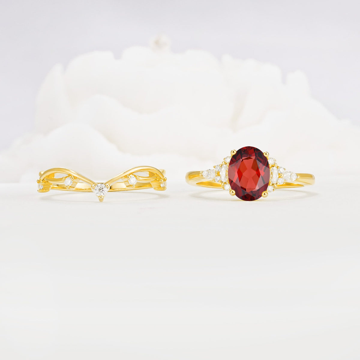 Oval Cut Garnet Marquise Leaf Vine Bridal Ring Set - White-Gold