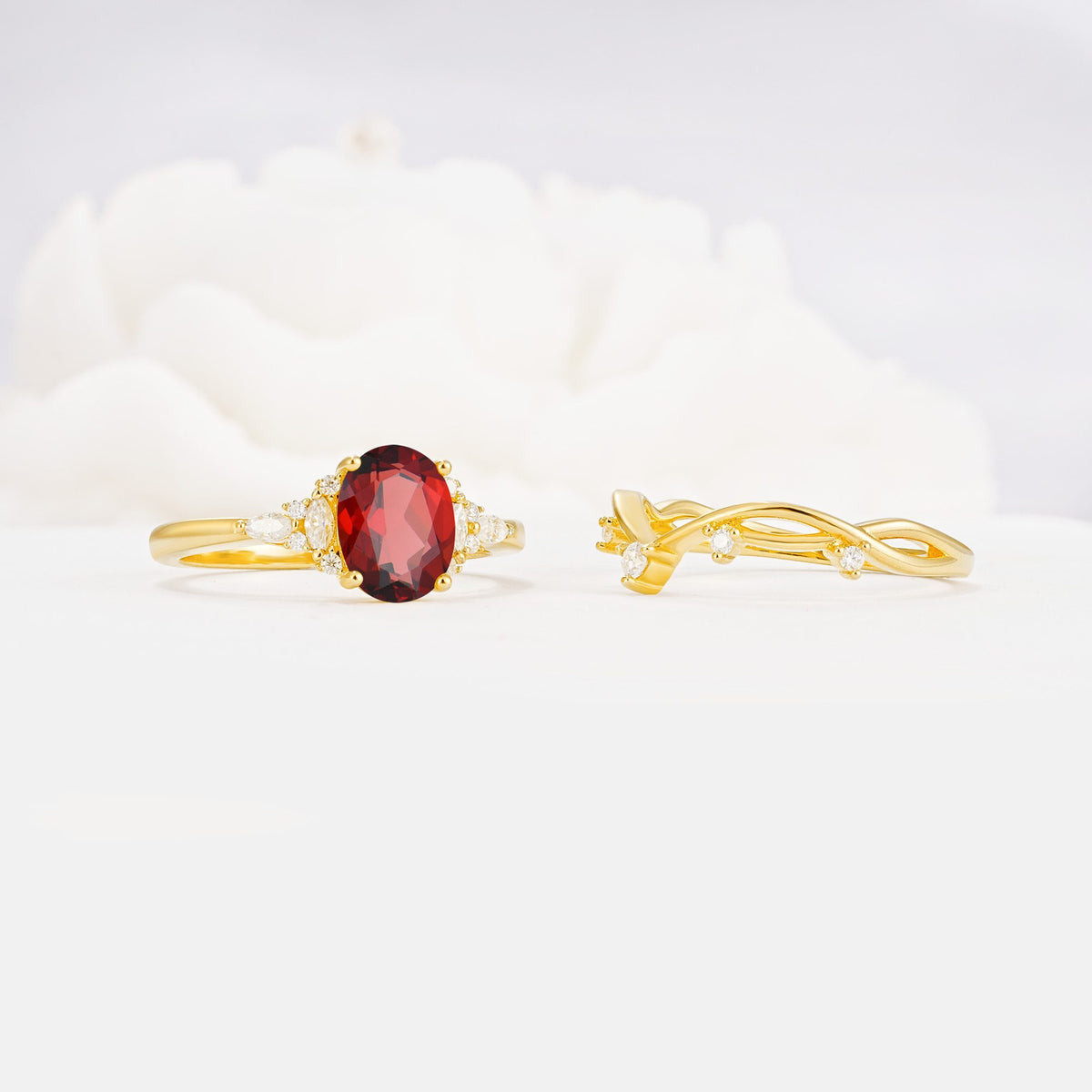 Oval Cut Garnet Marquise Leaf Vine Bridal Ring Set - Additional view