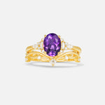 Oval Cut Amethyst Marquise Leaf Vine Bridal Ring Set - Yellow-Gold