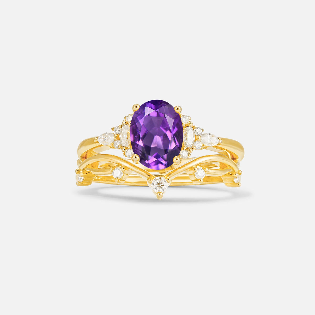 Oval Cut Amethyst Marquise Leaf Vine Bridal Ring Set - Yellow-Gold