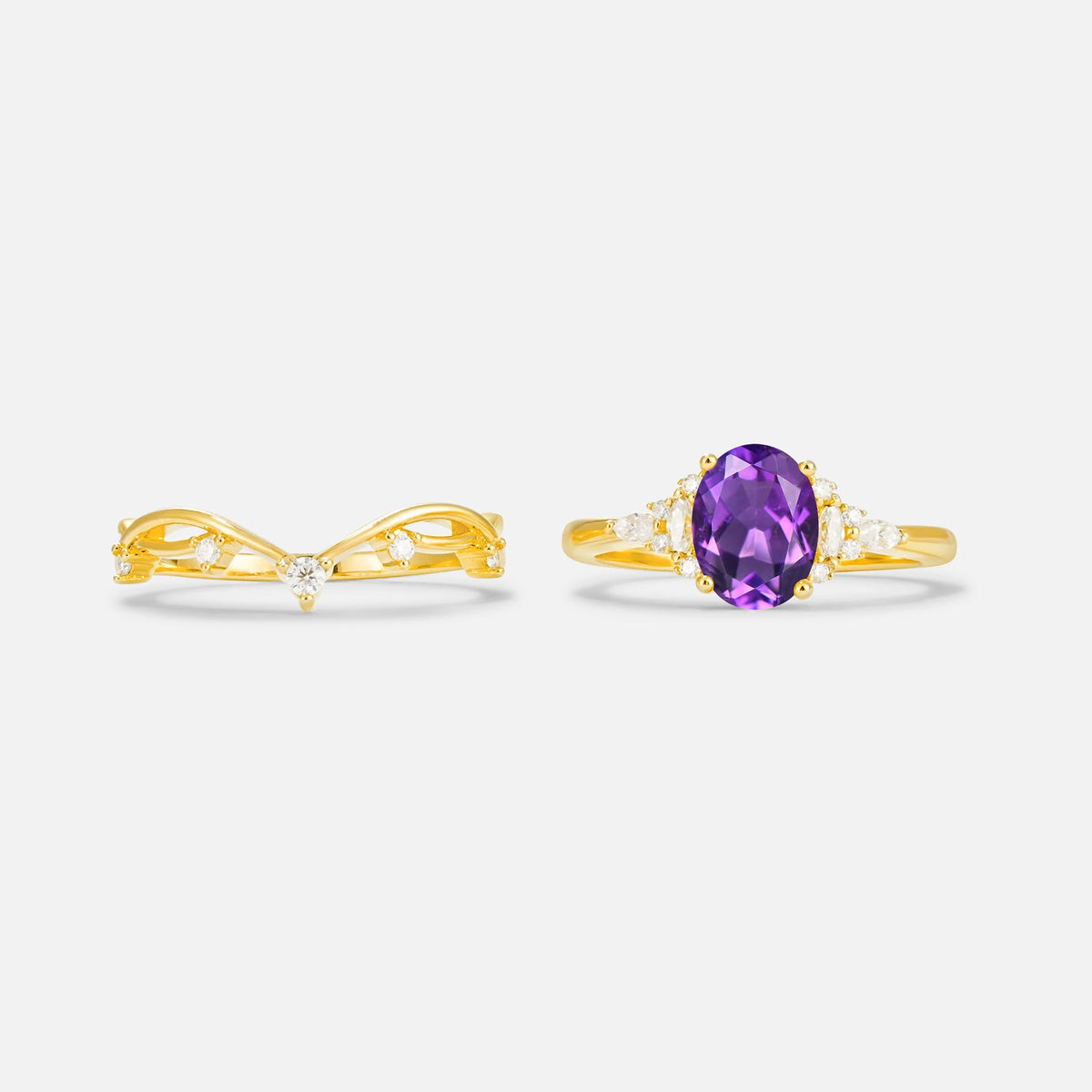 Oval Cut Amethyst Marquise Leaf Vine Bridal Ring Set - White-Gold