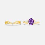 Oval Cut Amethyst Marquise Leaf Vine Bridal Ring Set - White-Gold