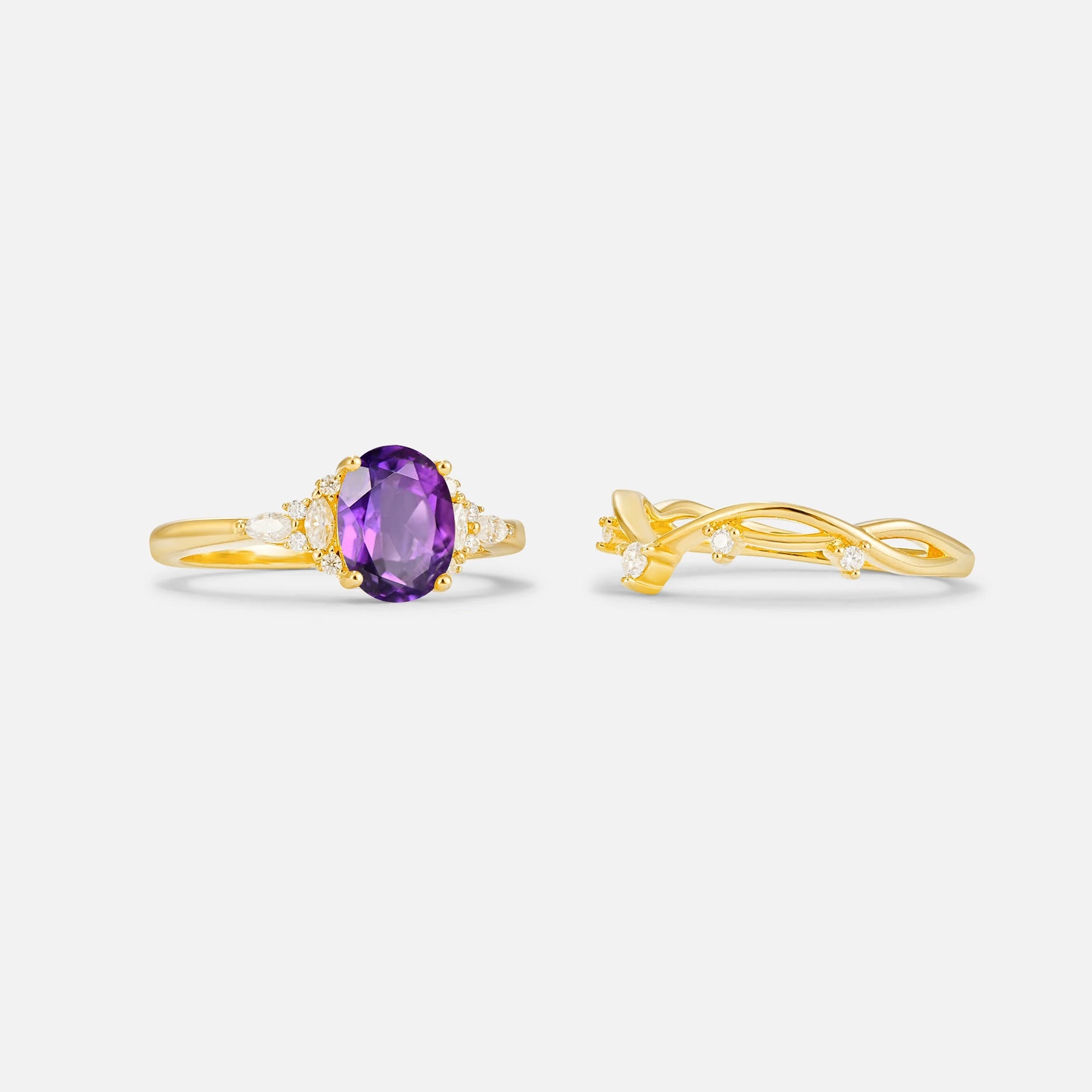 Oval Cut Amethyst Marquise Leaf Vine Bridal Ring Set - Additional view