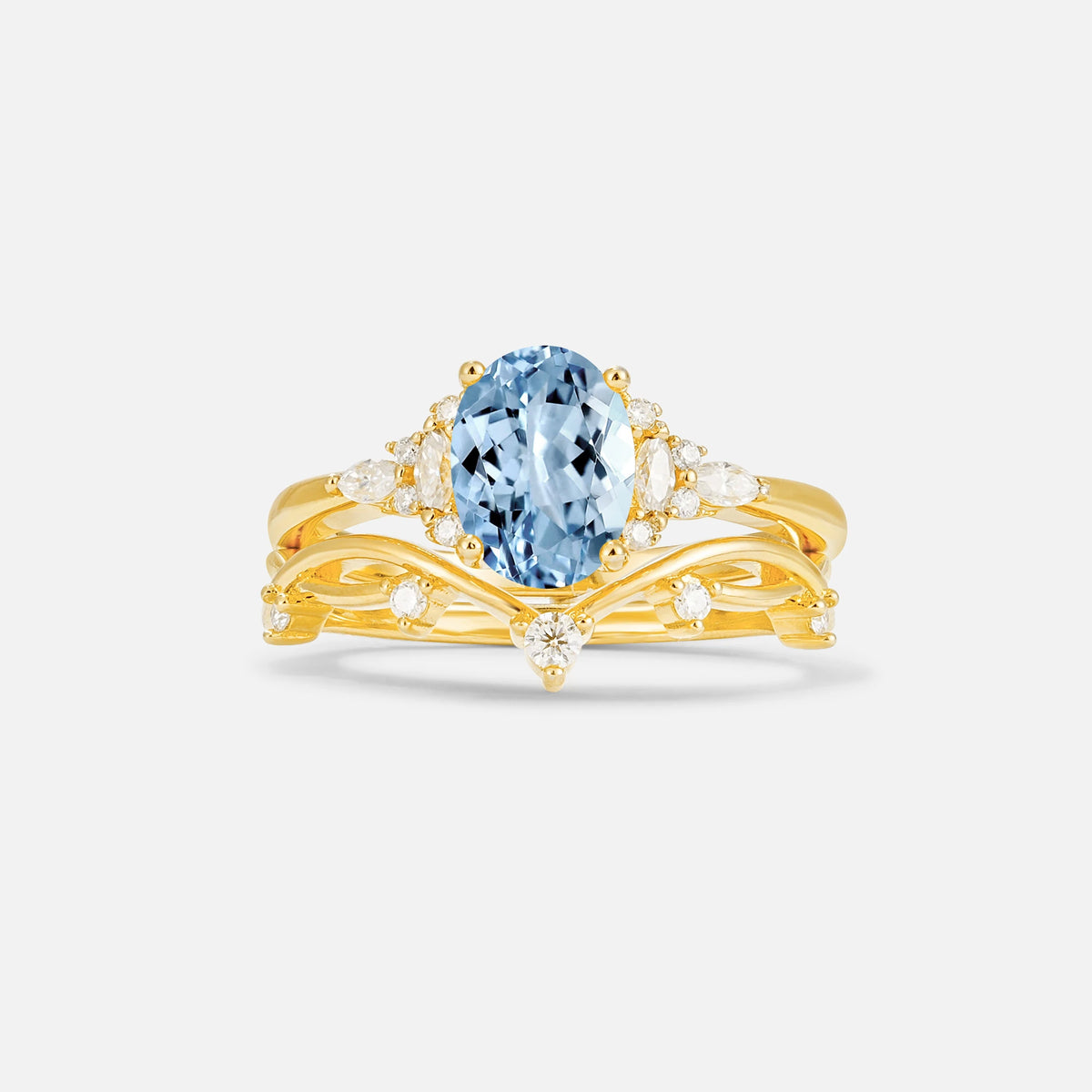 Oval Cut Aquamarine Marquise Leaf Vine Bridal Ring Set - Yellow-Gold
